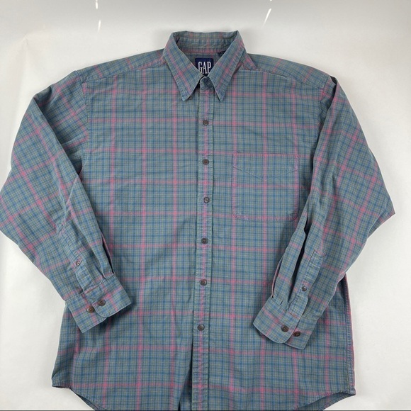 Gap Button Up Shirt Mens Large Blue Green Plaid Long Sleeve - Picture 1 of 7